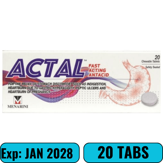 Actal Fast Acting Antacid Tablets (Relieves Gastric Pain, Heartburn & Upset Stomach) 20s