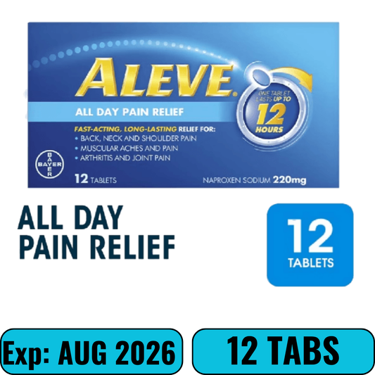 Aleve Naproxen Sodium 220mg All Day Pain Relief Lasts Up to 12 Hours (Relief Joint & Muscle Pain) 12s