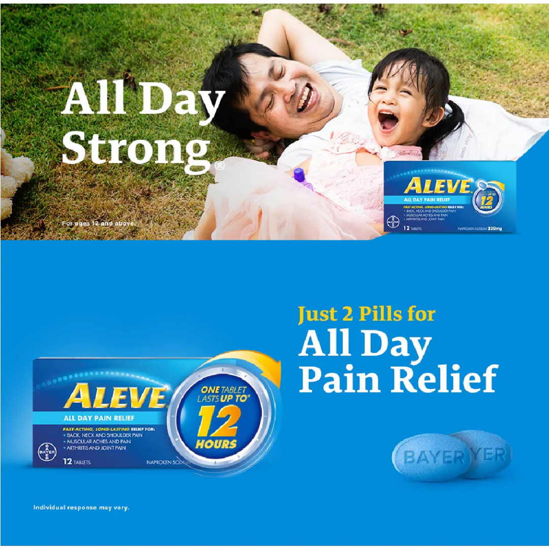 Aleve Naproxen Sodium 220mg All Day Pain Relief Lasts Up to 12 Hours (Relief Joint & Muscle Pain) 12s