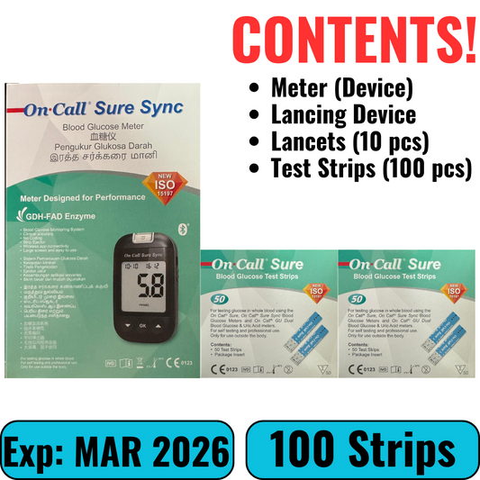 On Call Sure Sync Blood Glucose Meter + Test Strip 100s Set